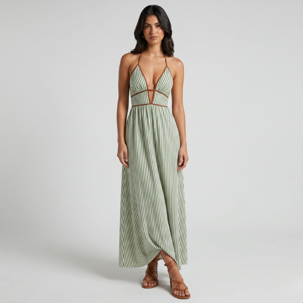 Maja | Damska Sukienka Maxi w Paski – Dekolt Halter i Lekki Letni Krój