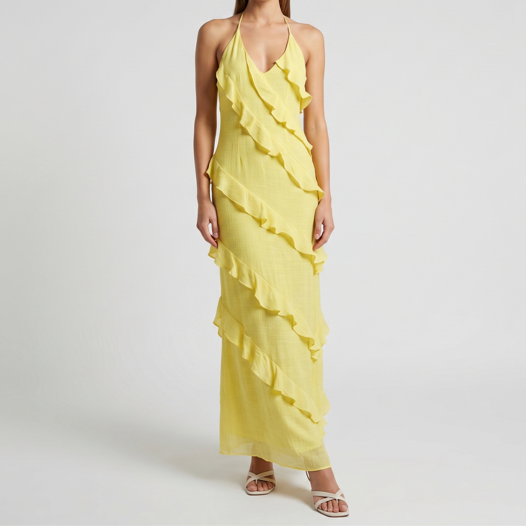 Gizela | Damska Sukienka Maxi z Falbanami – Elegancka Sukienka Halter