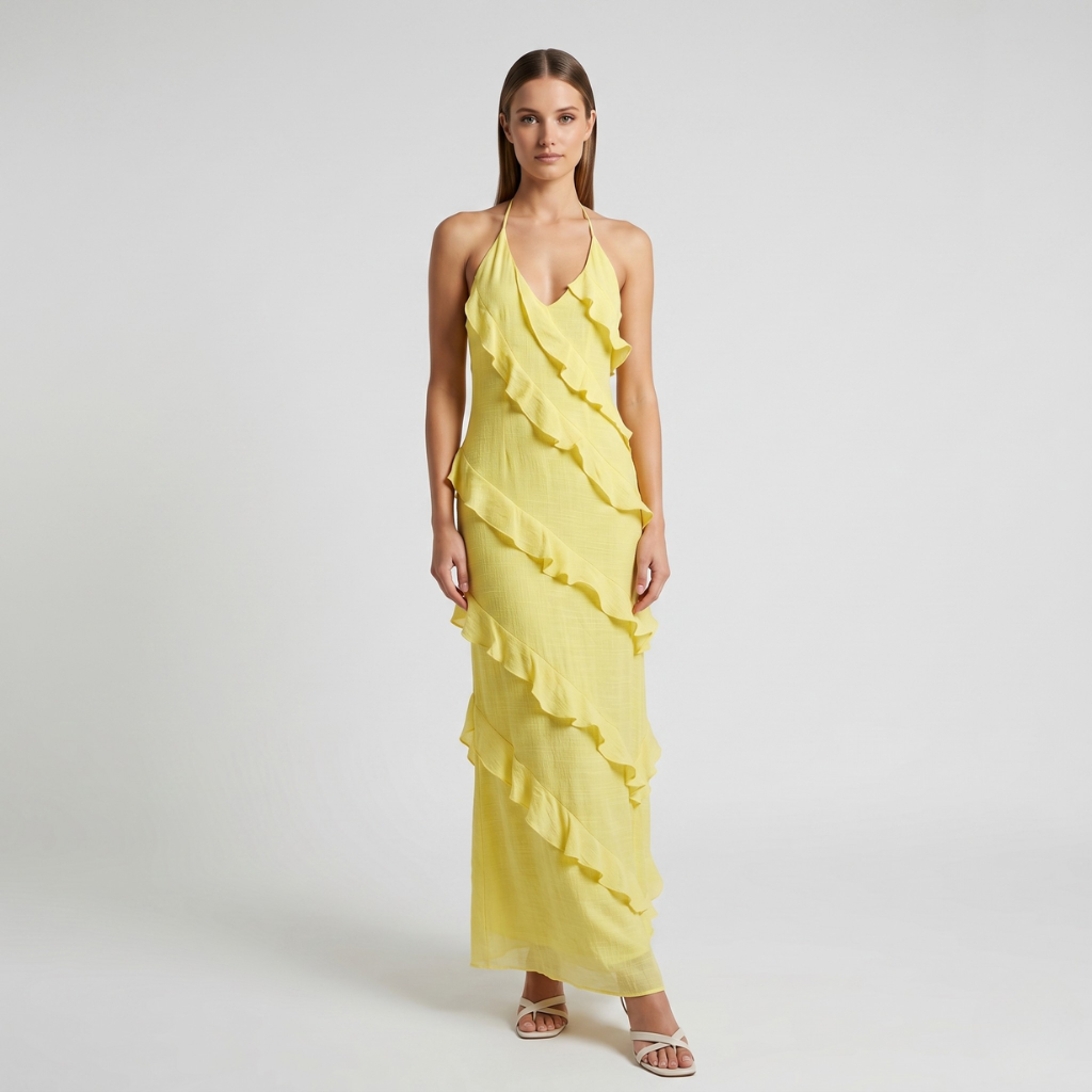 Gizela | Damska Sukienka Maxi z Falbanami – Elegancka Sukienka Halter