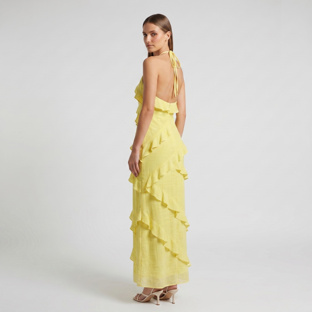Gizela | Damska Sukienka Maxi z Falbanami – Elegancka Sukienka Halter