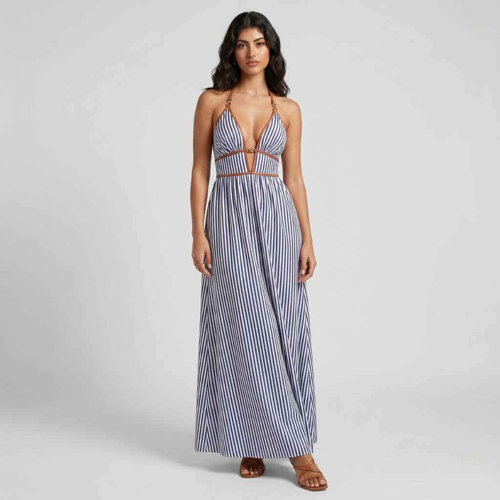 Maja | Damska Sukienka Maxi w Paski – Dekolt Halter i Lekki Letni Krój